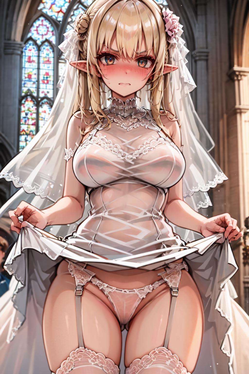 1girl, wedding dress, angry, full-face blush, dress lift, nsfw, white panties, garter straps, see-through, pointy ears, blonde hair, hair ornament, church, eyeshadow, large breasts,, detailed background, masterpiece, best quality,