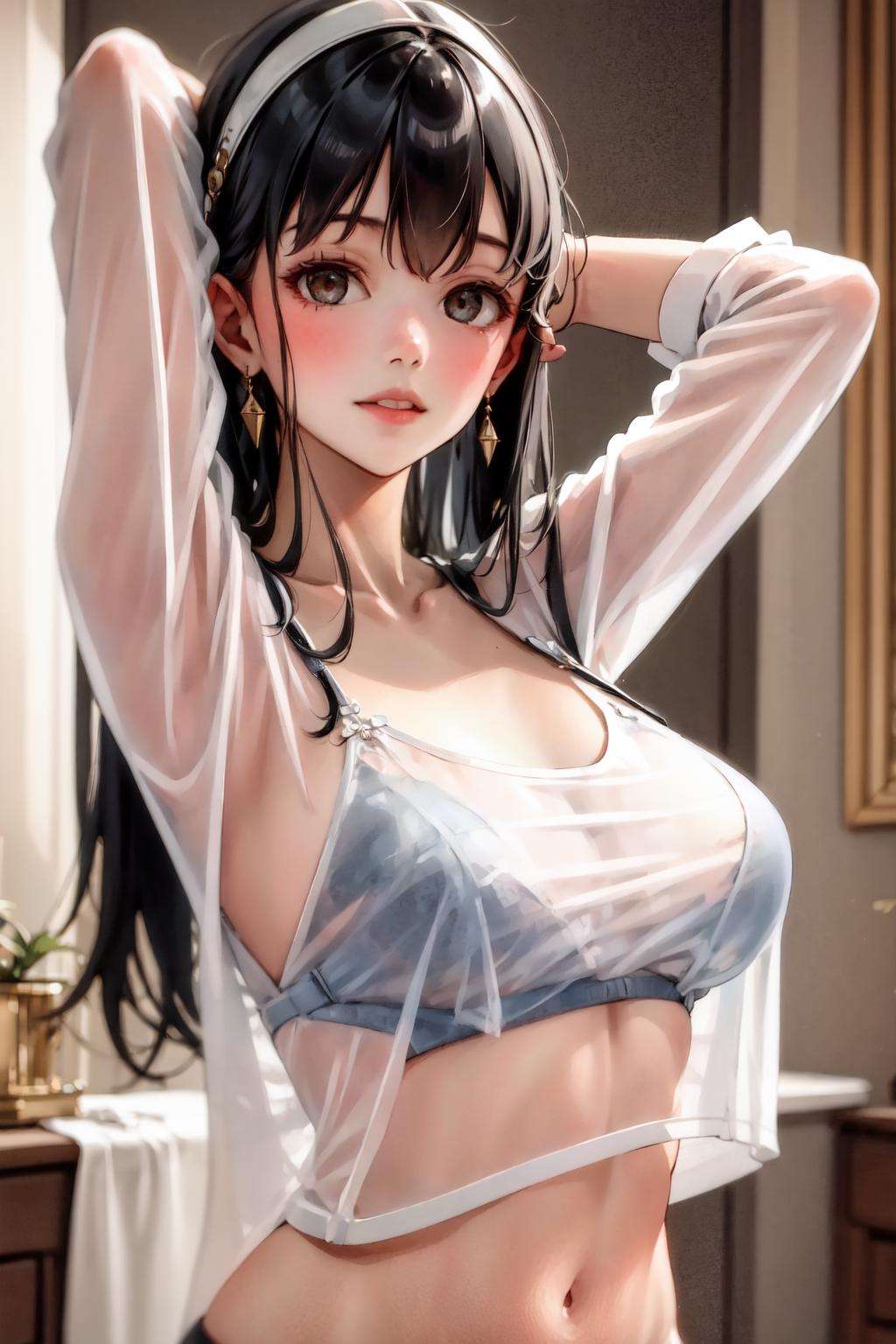 1girl, yor briar, see-through shirt, (white blouse:1.3), black bra, stretching,, detailed background, masterpiece, best quality,