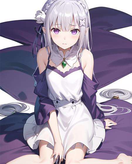 best quality,highly detailed,masterpiece,ultra-detailed,1girl,(white background),simple background,Delicate eyes,emilia_\(re:zero\),silver hair, purple eyes,hair_ornament, long hair,pointy_ears,crown_braid,(sleepy:1.2),Straight hair,(++wariza:1.2),