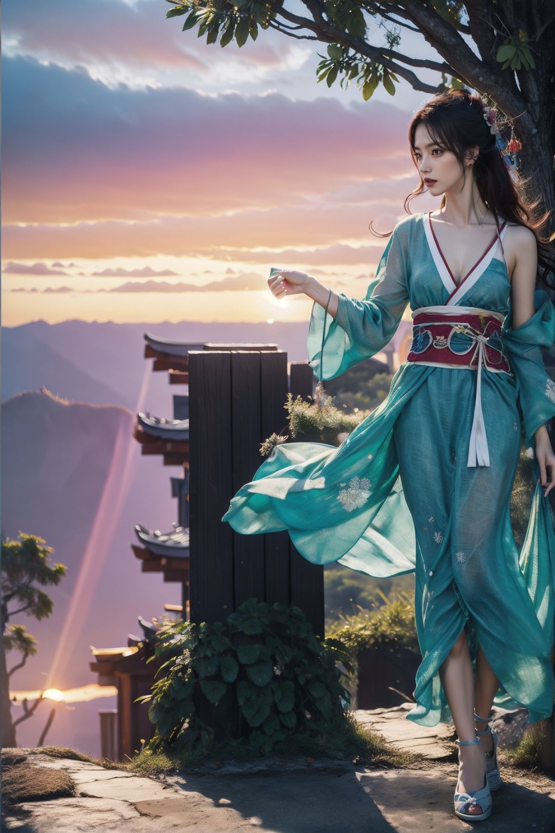 best quality,photoshop \(medium\),(photoshop realistic:1.4),sea,sunset,tree,wind,fufeng,1gril,solo,hanfu,east asian architecture,full body, <lora:ancient costume_20230623131017:1:wear>