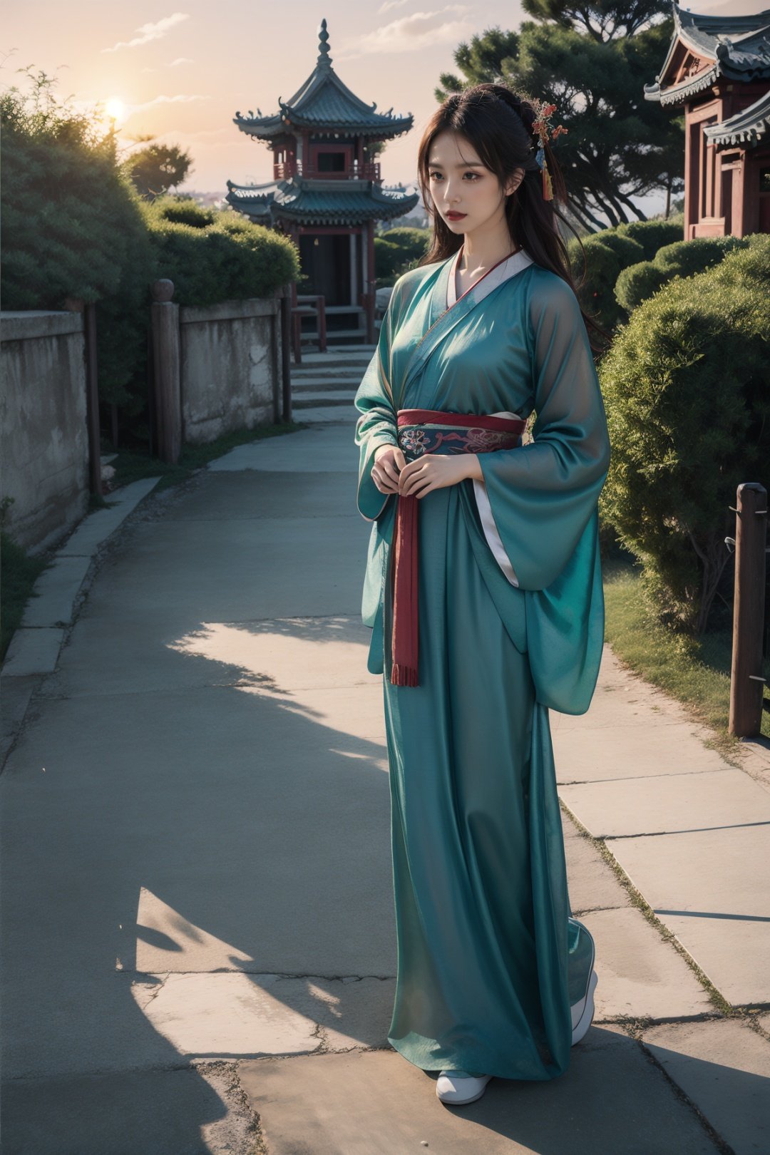 best quality,photoshop \(medium\),(photoshop realistic:1.4),sea,sunset,tree,wind,fufeng,1gril,solo,hanfu,east asian architecture,full body, <lora:ancient costume_20230623131017:0.7:wear>