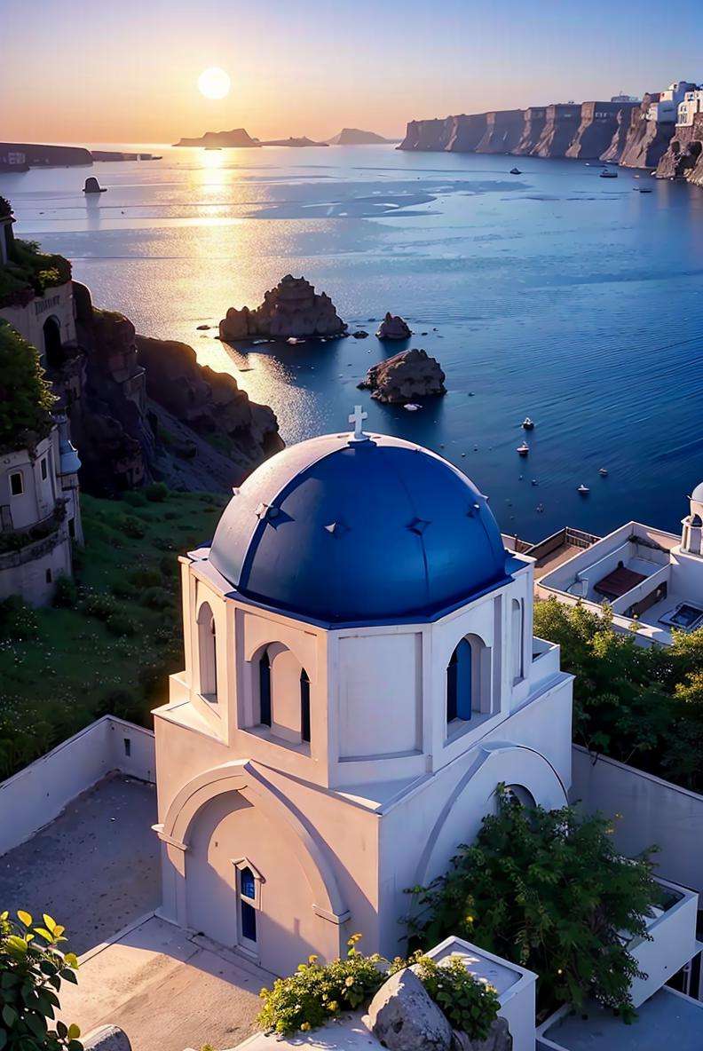 landscape, photography, santorini, blue dome, flower, church, city, night, lamp, full moon, cliff, dawn, epic, cinematic, cliff, ocean, ornate, realistic,<lora:ARWSantorini:1>  advntr,  <lora:epi_noiseoffset2:0.4>