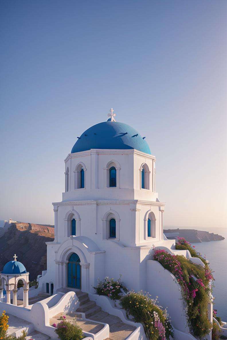 landscape, photography, santorini, blue dome, flower, church, city, cliff, dawn, epic, cinematic, cliff, ocean, ornate, realistic,<lora:ARWSantorini:1>  advntr