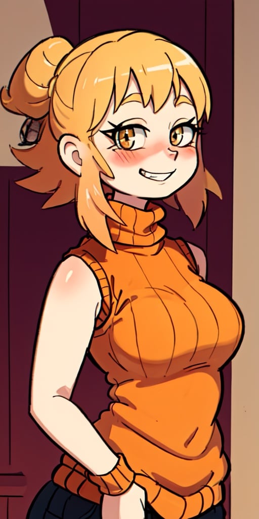 masterpiece,best quality,detailed faces and eyes,1girl, breasts, orange_shirt, solo, short_hair, smile, sweater, turtleneck, ribbed_sweater, blush, sleeveless, orange_sweater, looking_at_viewer, brown_eyes, outline, blonde_hair, upper_body, bare_shoulders, brown_hair, grin, sleeveless_turtleneck, yellow_eyes,cartoon 