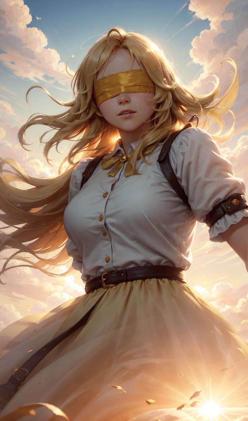 golden-blindfold, masterpiece,best quality,movie still,1girl,cloud girl,floating in the sky,close-up,bright,happy,warm soft lighting,sunset,(sparks:0.7), <lora:YKHB-000000:0.6>