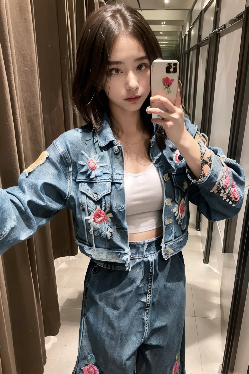 <lora:fittingroomselfie:0.7> ,fittingroom,selfie,(Denim_jacket_with_embroidery:1.5),(Wide-leg_culottes:1.4),(Canvas_sneakers:1.3)