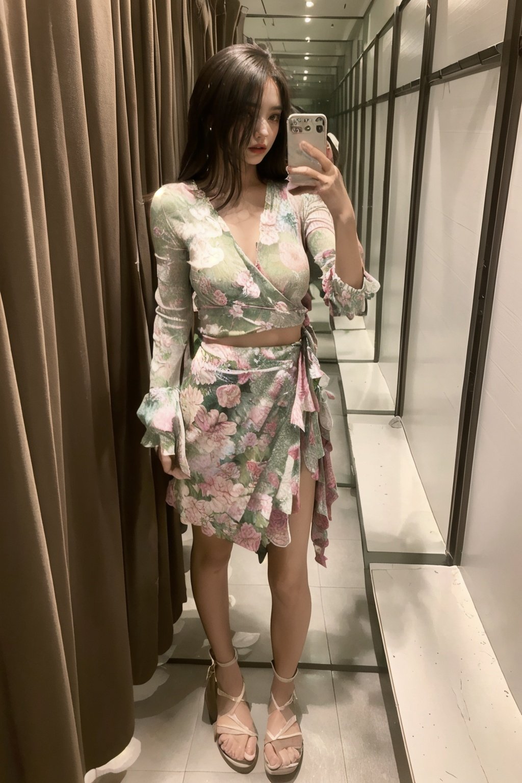 <lora:fittingroomselfie:0.7> ,fittingroom,selfie,(Wrap_top:1.5),(Floral_printed_skirt:1.4),(Block_heel_sandals:1.3),