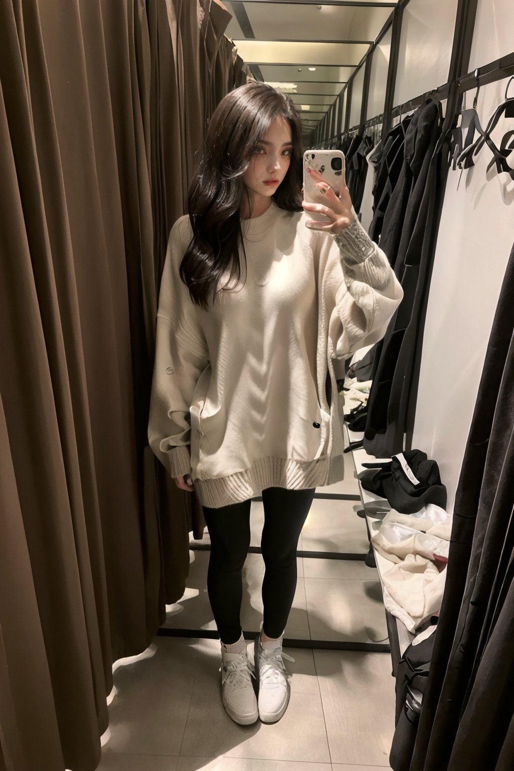 <lora:fittingroomselfie:0.7> ,fittingroom,selfie,(Oversized_sweater:1.4),(Leggings:1.3),(Slip-on_sneakers:1.2),