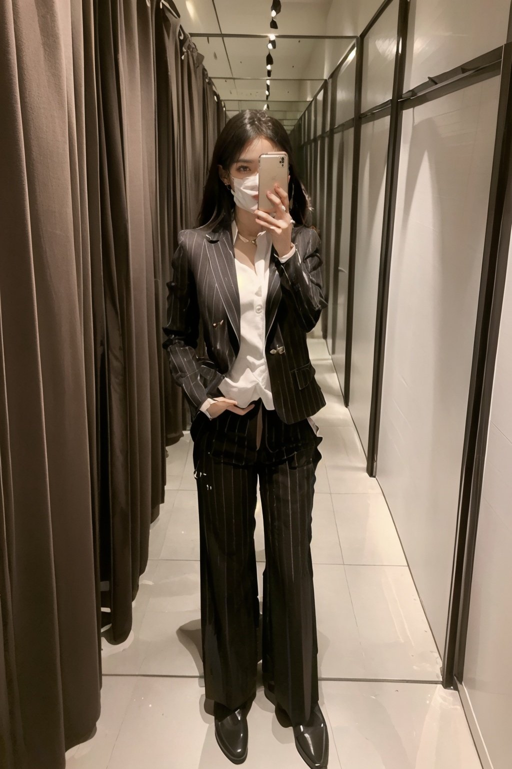 <lora:fittingroomselfie:0.7> ,fittingroom,selfie,(Polished_pinstripe_blazer:1.4),(Wide-leg_trousers:1.3),(Block-heel_loafers:1.2),