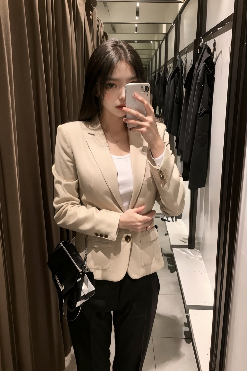 <lora:fittingroomselfie:0.7> ,fittingroom,selfie,(Structured_blazer:1.4),(Cropped_trousers:1.3),(Pointed-toe_flats:1.2),