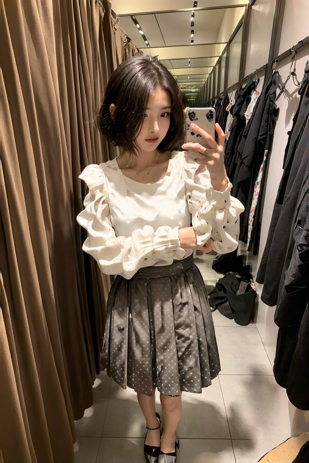 <lora:fittingroom:0.8>,fittingroom,,full body, ,fluffy hair,short hair,(Polka_dot_blouse:1.5),(Pleated_midi_skirt:1.4),(Pointed-toe_pumps:1.3)