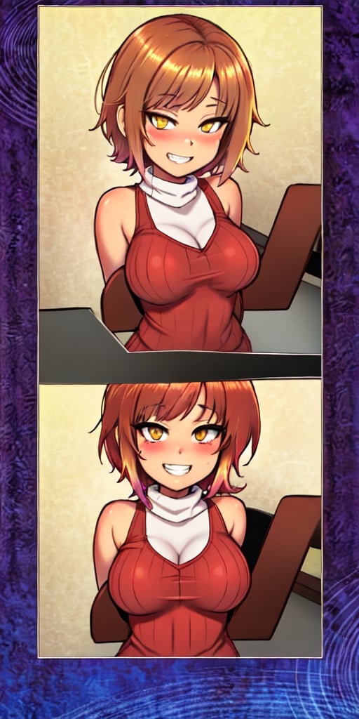 masterpiece,best quality,detailed faces and eyes,1girl, breasts, orange_shirt, solo, short_hair, smile, sweater, turtleneck, ribbed_sweater, blush, sleeveless, orange_sweater, looking_at_viewer, brown_eyes, outline, blonde_hair, upper_body, bare_shoulders, brown_hair, grin, sleeveless_turtleneck, yellow_eyes,cartoon 