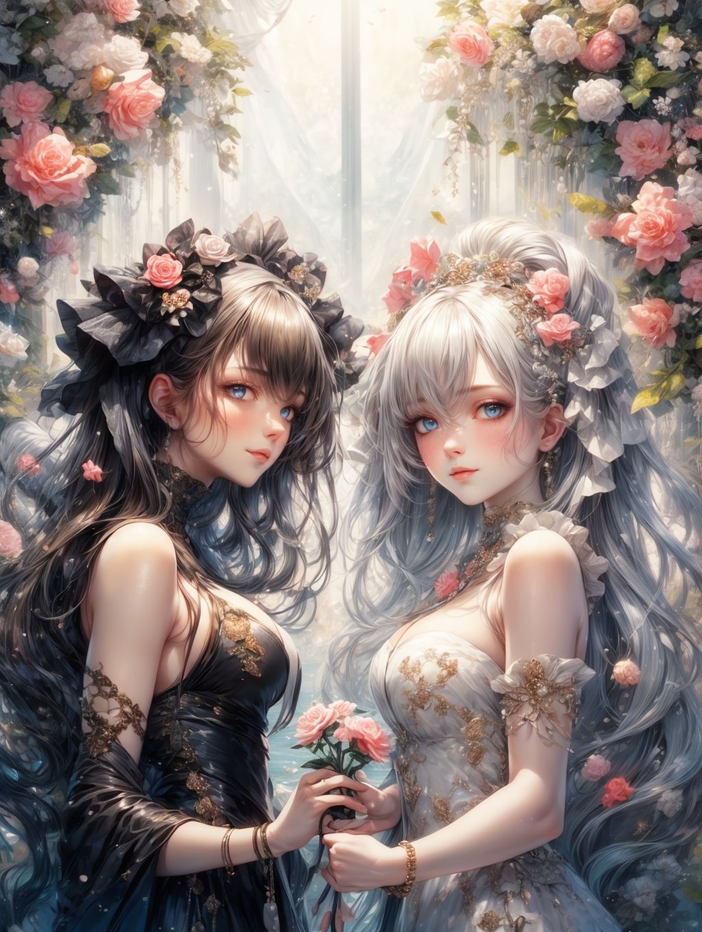 2girl, shiny skin, slender, blue eyes, colored  eyelashes, gray hair, long hair, standing, holding  flower, sad smile,a pearl  bracelet, on  the  beach, dusk, HDR,UHD,8K, best quality, masterpiece, Highly detailed, ultra-fine painting, sharp focus, physically-based rendering, extreme detail description, Professional, Vivid Colors, close-up view, looking at viewer, <lora:EMS-1495-EMS:0.8>