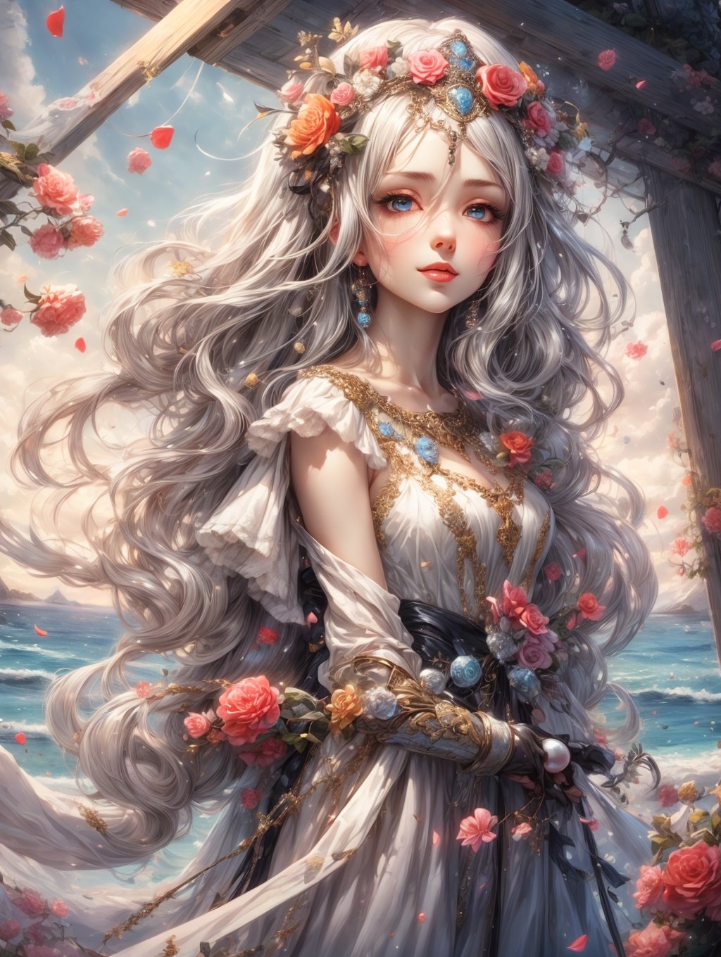 1girl, shiny skin, slender, blue eyes, colored  eyelashes, gray hair, long hair, standing, holding  flower, sad smile,a pearl  bracelet, on  the  island beach, dusk, HDR,UHD,8K, best quality, masterpiece, Highly detailed, ultra-fine painting, sharp focus, physically-based rendering, extreme detail description, Professional, Vivid Colors, close-up view, looking at viewer, <lora:EMS-1495-EMS:0.8>