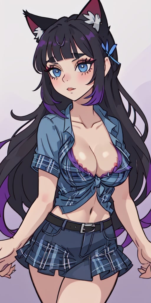 bloom, (blunt bangs:1.3), (hime cut:1.3), (covered nipples:1.3), (medium:0.8) (large:0.6) round breasts, cleavage, (mature female:1.6), black hair, long hair, (blunt_ends:1.3), blue eyes, purple_eyeshadow, white_tied_shirt, short sleeves, red plaid miniskirt, black belt collarbone, toned, lineart, vivid colors, day, purple_eyeshadow, makeup, tavern, cat_ears, cowboy_shot