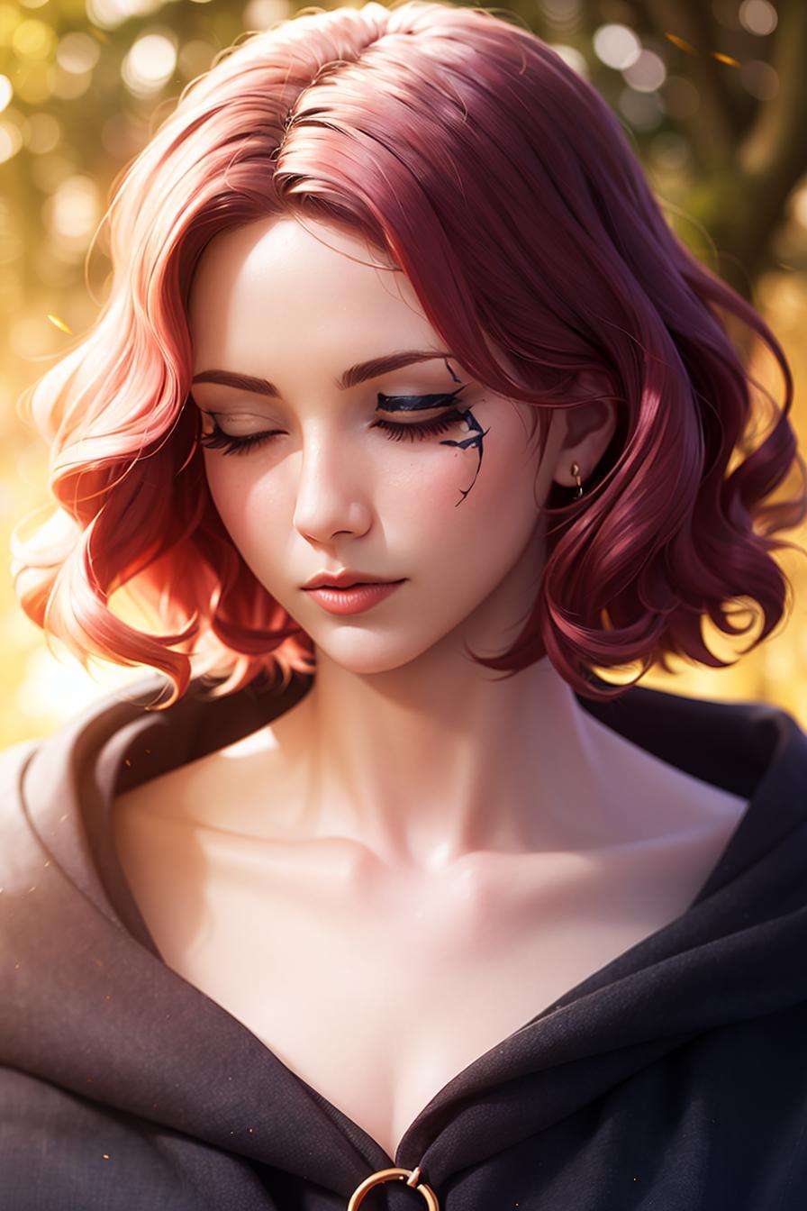 melina \(elden ring\), 1girl, ashes, blush, burning, cloak, closed mouth, erdtree \(elden ring\), eyelashes, facial mark, lips, looking away, looking down, medium hair, motion blur, o-ring, one eye closed, orange eyes, pink hair, portrait, solo , ((masterpiece))  <lora:melina:0.65>