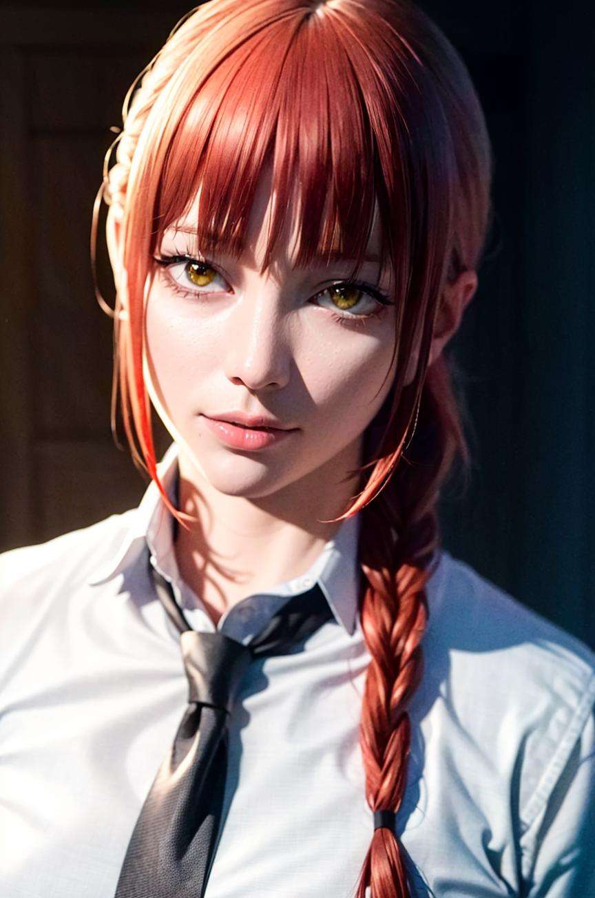 masterpiece, (photorealistic:1.4), best quality, beautiful lighting,, makima \(chainsaw man\), (red hair)+(long braided hair)+(bangs), yellow eyes, golden eyes, (ringed eyes), (white shirt), (necktie), RAW photo, 8k uhd, film grain <lora:makima_offset:1>