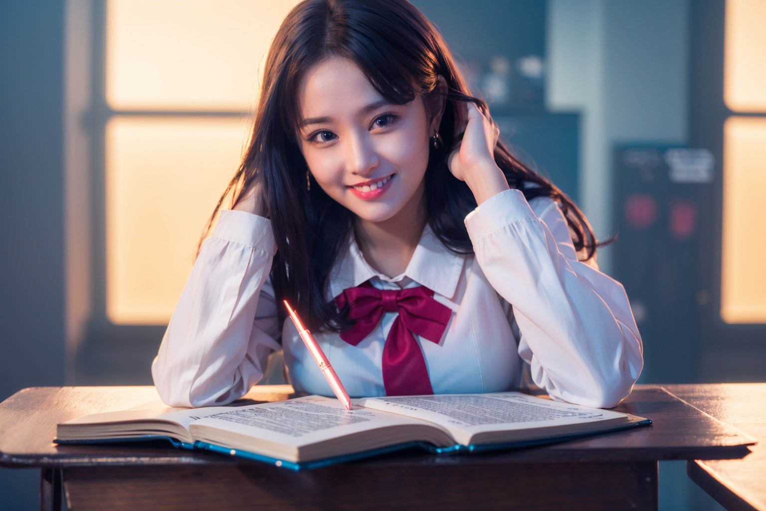 (masterpiece:1.3),(best quality:1.2),8k,absurdres,unity 8k wallpapper,(extremely detailed:1.3),highest resolution,1 girl,looking at audience,smiling,confident,attractive,indoor,blurred background,eyes wide open,solo,hand on own head,school uniform,book,pen,desk,tongue night,studying shouting,<lora:majisbpk_20230704213723:0.8>, majisbpk