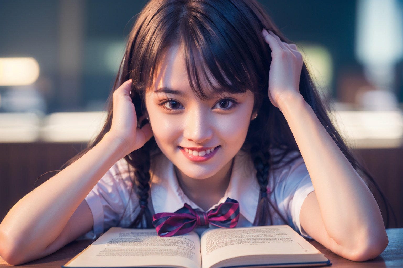 (masterpiece:1.3),(best quality:1.2),8k,absurdres,unity 8k wallpapper,(extremely detailed:1.3),highest resolution,1 girl,looking at audience,smiling,confident,attractive,indoor,blurred background,eyes wide open,solo,hand on own head,school uniform,book,pen,desk,tongue night,studying shouting,<lora:majisbpk_20230704213723:0.8>, majisbpk