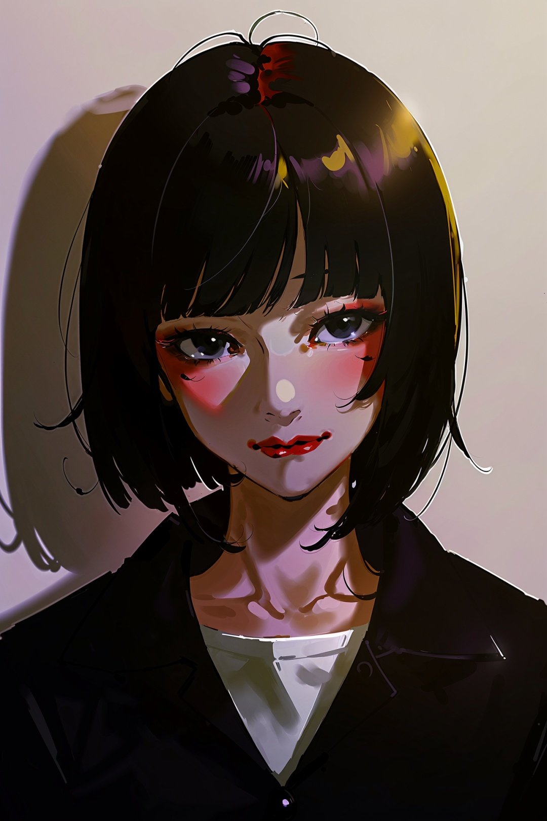 by yoneyama mai, 1girl, solo, looking at viewer, shirt, white shirt, short hair, black hair, black eyes, collared shirt, bangs, collarbone, makeup, closed mouth, bob cut, lipstick mark, red lips