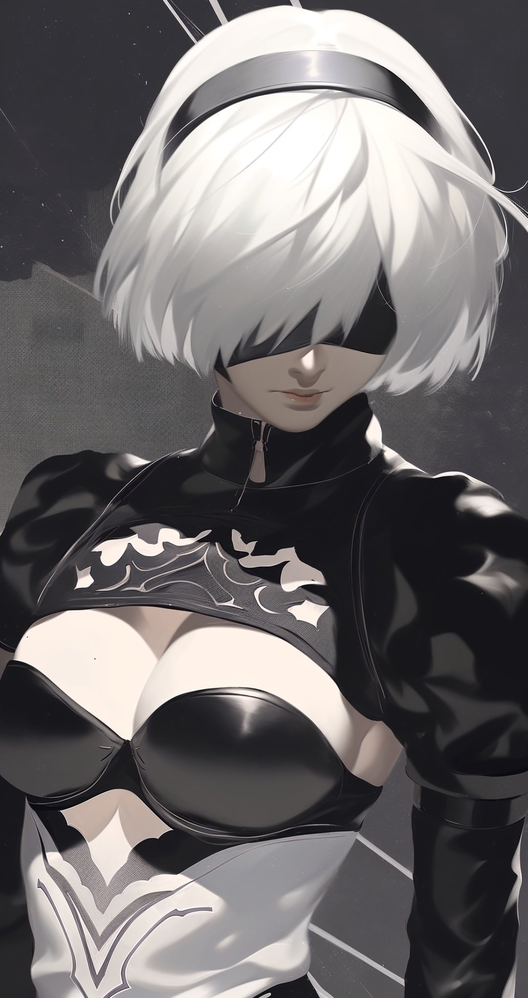 by reiko, yorha no, no blindfold, 1girl, solo, breasts, thighhighs, boots, gloves, white hair, leotard, thigh boots, hair over one eye, skindentation, elbow gloves, short hair, thighhighs under boots, upper body, black gloves, over shoulder, black footwear, mole, looking at viewer