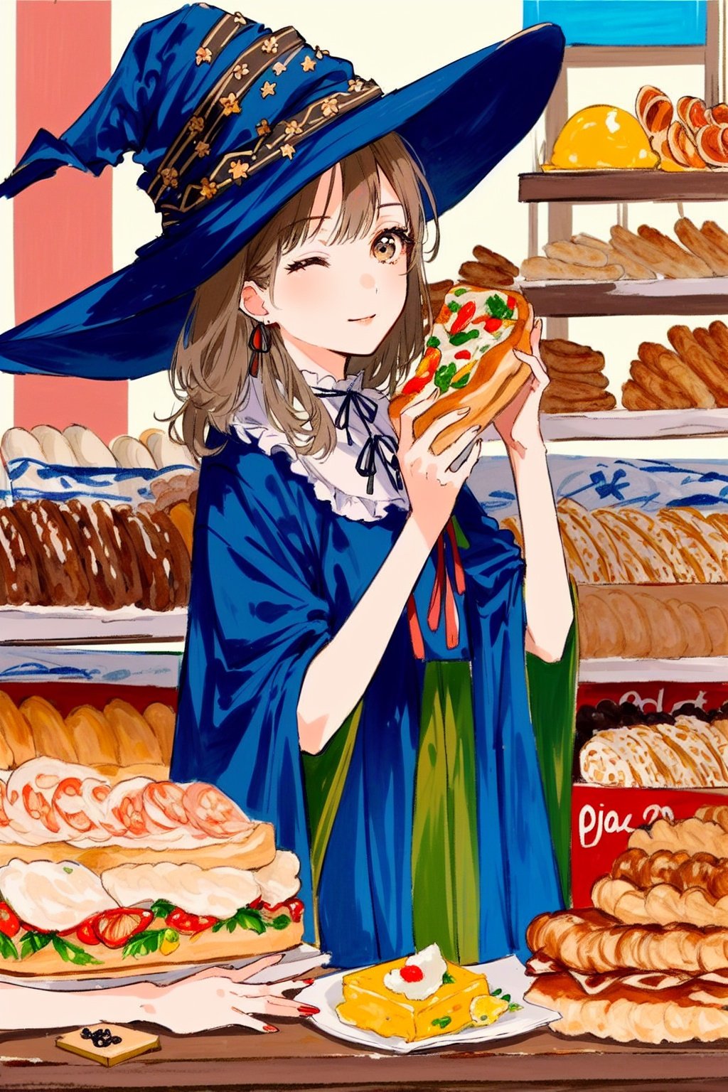 (by qooo003:1.3), oil painting, (pastel color \(medium\):1.3), celluloid, flat color, food, 1girl, hat, bread, basket, pizza, witch hat, plate, pancake, brown hair, fork, knife, one eye closed, sausage, cheese, solo, fried egg, spaghetti