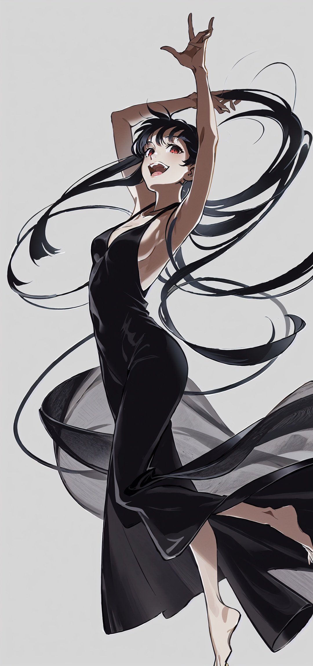 by yoneyama mai, 1girl, solo, red eyes, dress, white background, breasts, black dress, barefoot, long hair, simple background, sideboob, black hair, open mouth, full body, arms up, teeth