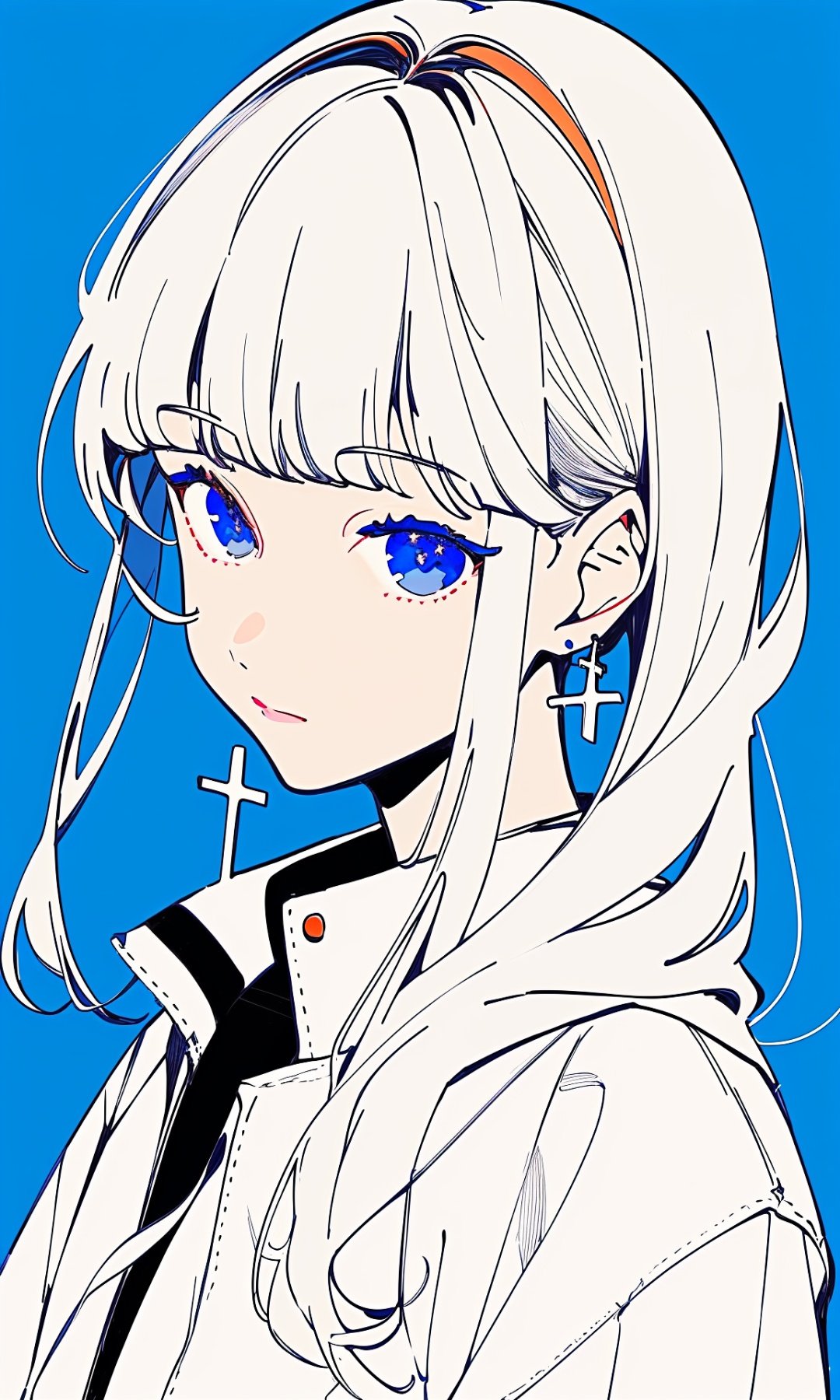 by taiki, 1girl, solo, earrings, jewelry, long hair, jacket, looking at viewer, cross, upper body, blue background, blue eyes, simple background, flat color