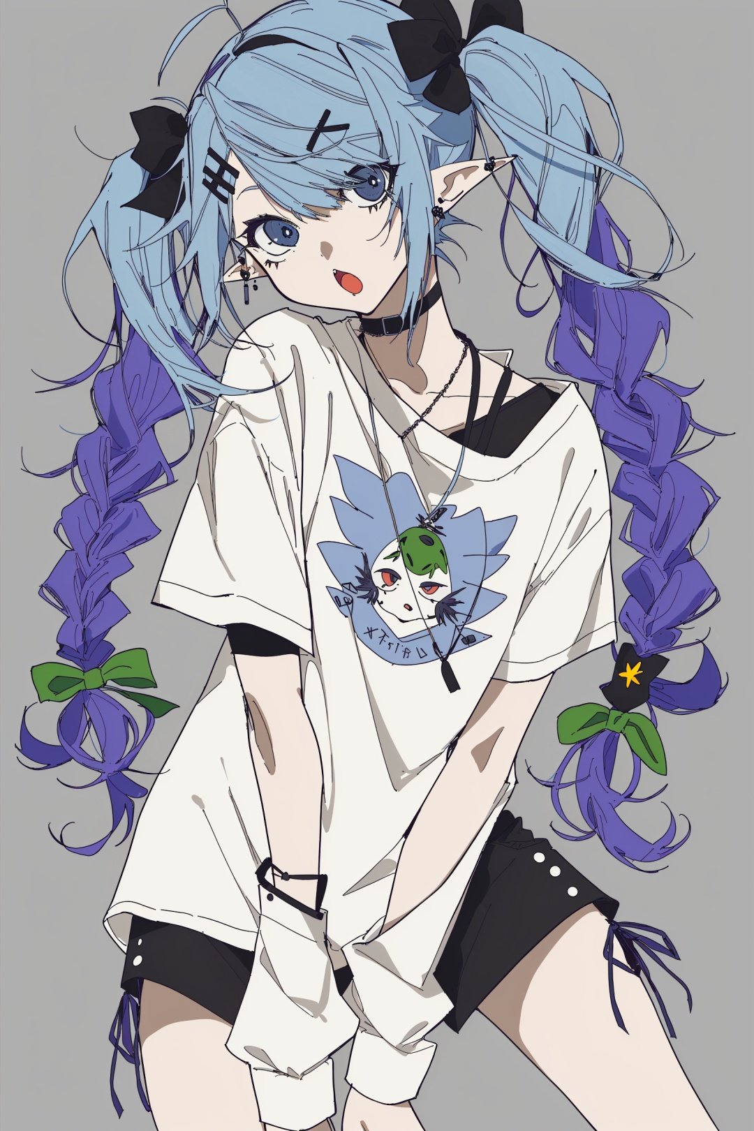 by kooork55, flat color, simple, 1girl, solo, twintails, blue eyes, blue hair, pointy ears, long hair, shorts, shirt