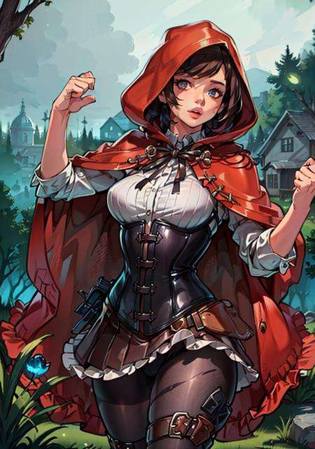 (RedHoodWaifu:1), 1girl, cute, (messy hair, brown hair, short hair), (red hood, cape, corset, dress), cute pose, (realistic:1.2), (realism), (masterpiece:1.2), (best quality), (ultra detailed), (8k, 4k, intricate),(full-body-shot:1),(Cowboy-shot:1.2), (85mm),light particles, lighting, (highly detailed:1.2),(detailed face:1.2), (gradients), sfw, colorful,(detailed eyes:1.2),(detailed ladscape, forest, vegetation, house:1.2),(detailed background),detailed landscape, (dynamic angle:1.2), (dynamic pose:1.2), (rule of third_composition:1.3), (Line of action:1.2), wide shot, daylight, solo, <lora:LittleRedHood_character-20:0.7> <lora:reiqStyleLORA_v2:0.6>