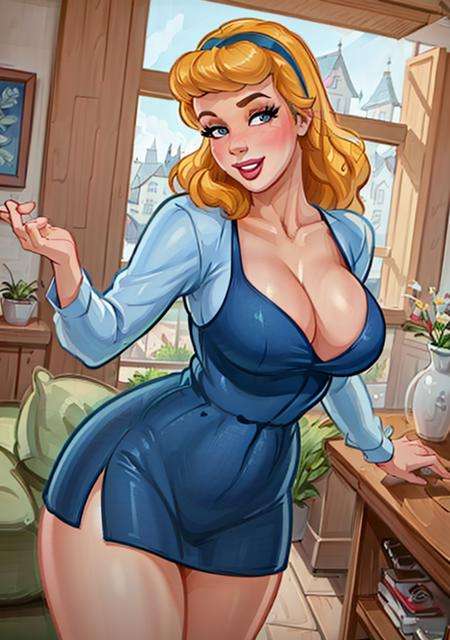 (CinderellaWaifu:1), 1girl, nervous smile, blush, looking at viewer, (dress), large breasts, curvy, thick thighs, grabbing skirt,(realistic:1.2), (realism), (masterpiece:1.2), (best quality), (ultra detailed), (8k, 4k, intricate),(full-body-shot:1),(Cowboy-shot:1.2), (85mm),light particles, lighting, (highly detailed:1.2),(detailed face:1.2), (gradients), sfw, colorful,(detailed eyes:1.2),(detailed ladscape, house, livingroom:1.2),(detailed background),detailed landscape, (dynamic angle:1.2), (dynamic pose:1.2), (rule of third_composition:1.3), (Line of action:1.2), wide shot, daylight, solo, <lora:Cindirella_character-20:0.7> <lora:reiqStyleLORA_v2:0.6>