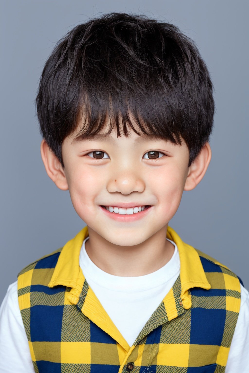 ID photo, (a 5-year-old boy: 1.5), solo, upper body, a small Asian boy with short hair, chubby, (beauty mole: 1.5), plaid vest. He smiles at the camera, (yellow solid background: 1.5), blue_IDphoto,blue_IDphoto