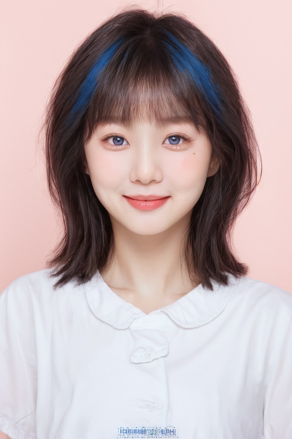 ID photo, (a 2-year-old baby: 1.5), solo, upper body, an Asian baby with short white hair, (blue eyes: 2.0) ' (chubby face: 1.5), (beauty mole: 1.5), white shirt, peach blossom, tender skin, she smiles at the camera, (pink solid background: 1.5), blue_IDphoto,1girl,blue_IDphoto