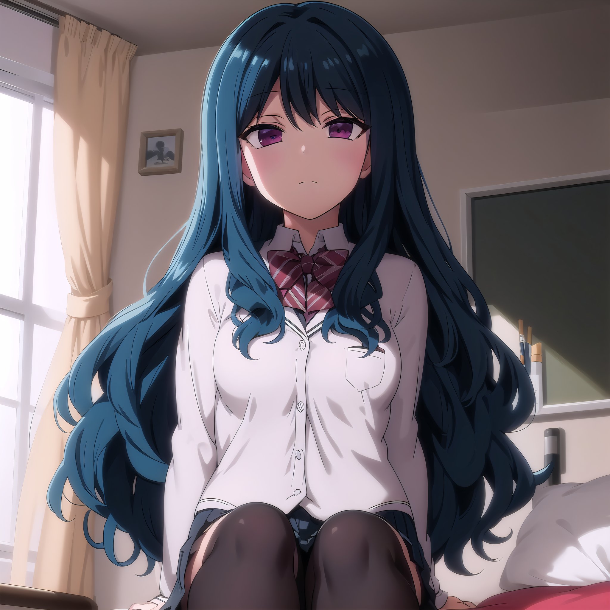 best quality, (masterpiece:1.2), highly detailed, indoors, bedroom, bed, sheets,1girl, solo, <lora:chara_SaiminSeishidou_NozakiYuu_v1:0.8>, nozaki yuu, closed mouth, from front, looking at the viewer, standing,blue hair, very long hair, wavy hair, purple eyes, school uniform, black socks