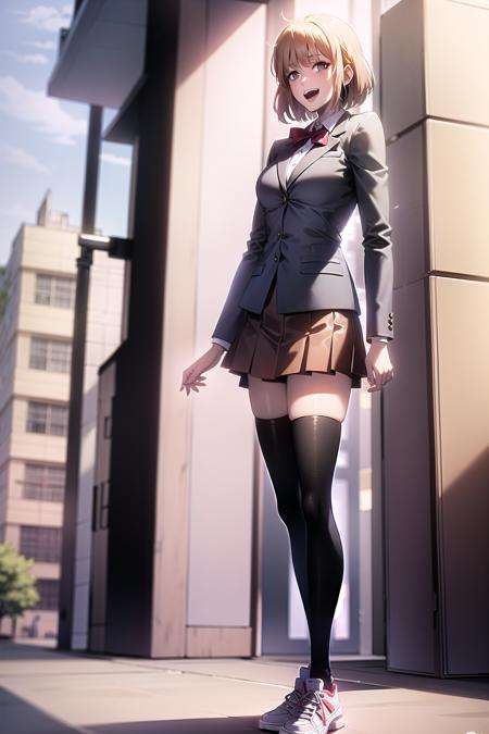 best quality, (masterpiece:1.2), highly detailed, day, city, street,1girl, solo, <lora:chara_SoloLeveling_ChaHaeIn_v1:0.7>, cha hae-in, open mouth, smile, from front, standing,blonde hair, short hair, brown eyes, school uniform, brown skirt, light brown blazer, black thighhighs, sneakers