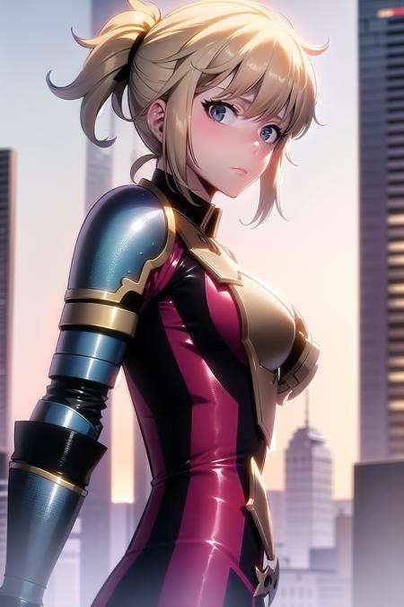 best quality, (masterpiece:1.2), highly detailed, day, city,1girl, solo, <lora:chara_SoloLeveling_ChaHaeIn_v1:0.7>, cha hae-in, closed mouth, from front, looking at viewer,blonde hair, short hair, brown eyes, ponytail, (blue armor:1.4), belt, bodysuit