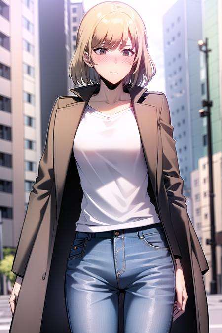 best quality, (masterpiece:1.2), highly detailed, day, city, street,1girl, solo, <lora:chara_SoloLeveling_ChaHaeIn_v1:0.7>, cha hae-in, closed mouth, blush, from front, standing, looking down, hands togetherblonde hair, short hair, brown eyes, brown coat, jeans