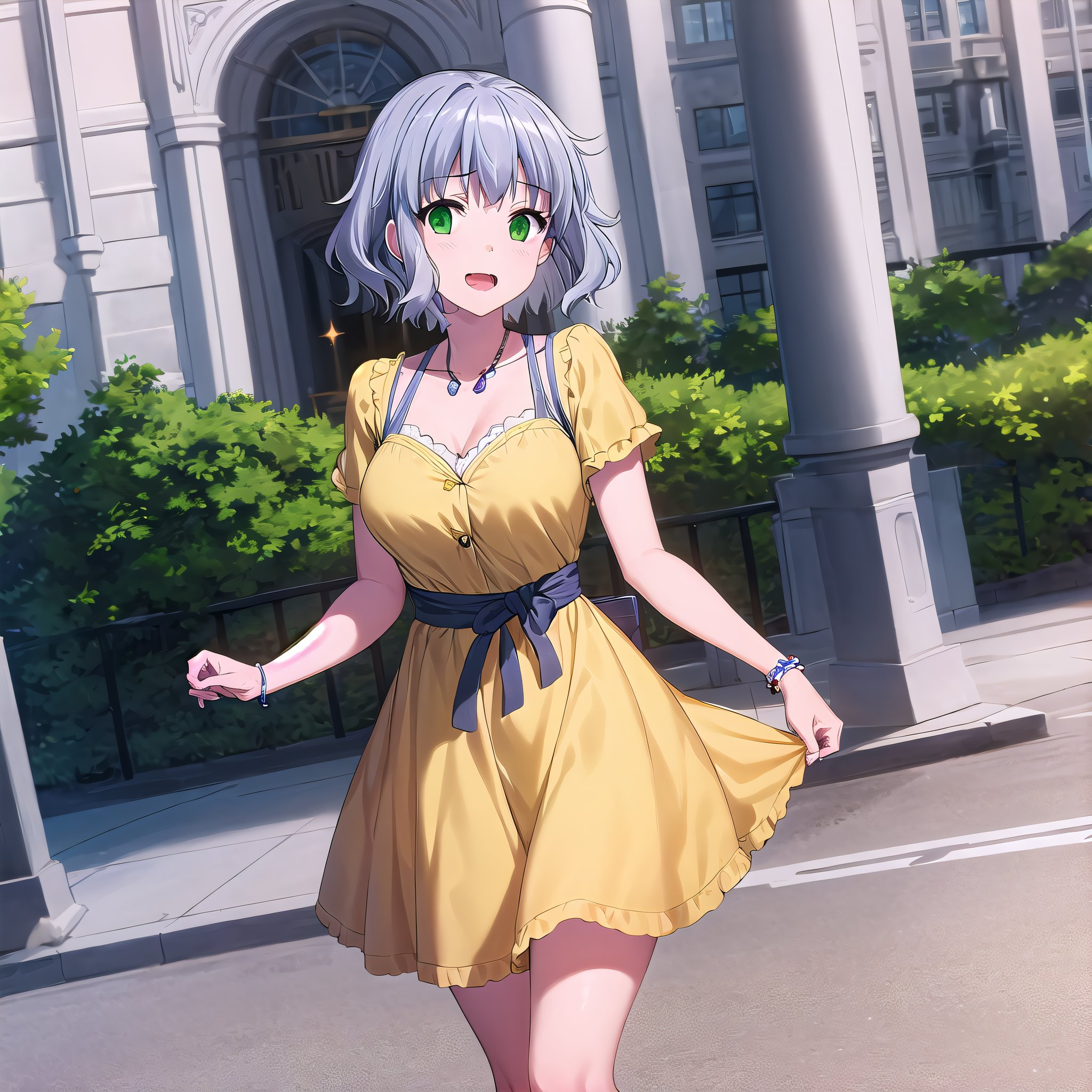 best quality, (masterpiece:1.2), highly detailed, outdoors, city, day,1girl, solo, <lora:chara_AmagiBrilliantPark_Muse_v1:0.8>, muse, open mouth, slight smile, looking at the viewer,grey hair, short hair, green eyes, yellow dress, yellow skirt