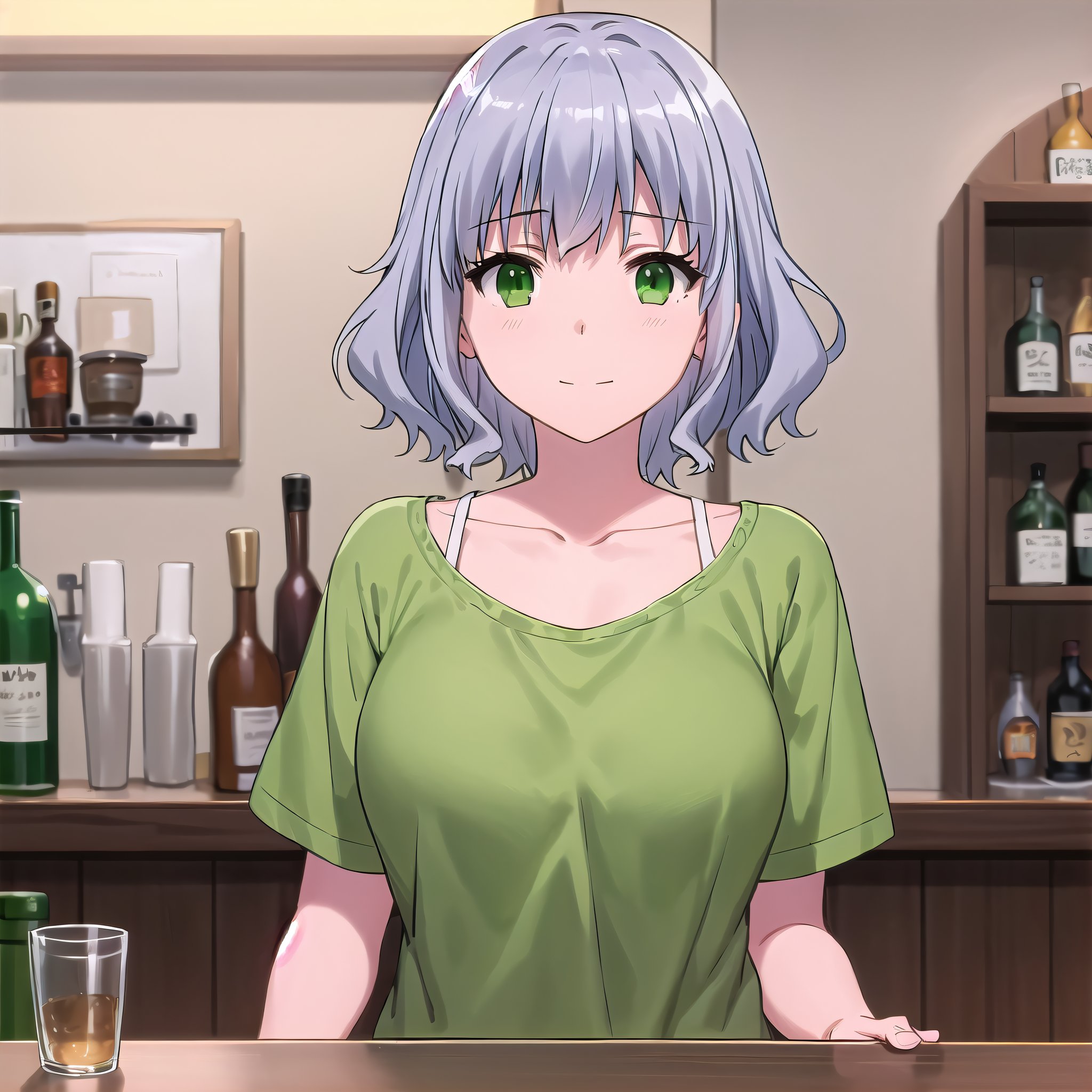 best quality, (masterpiece:1.2), highly detailed, indoors, bar,1girl, solo, <lora:chara_AmagiBrilliantPark_Muse_v1:0.8>, muse, closed mouth, slight smile, looking at the viewer,grey hair, short hair, green eyes, green shirt, collarbone