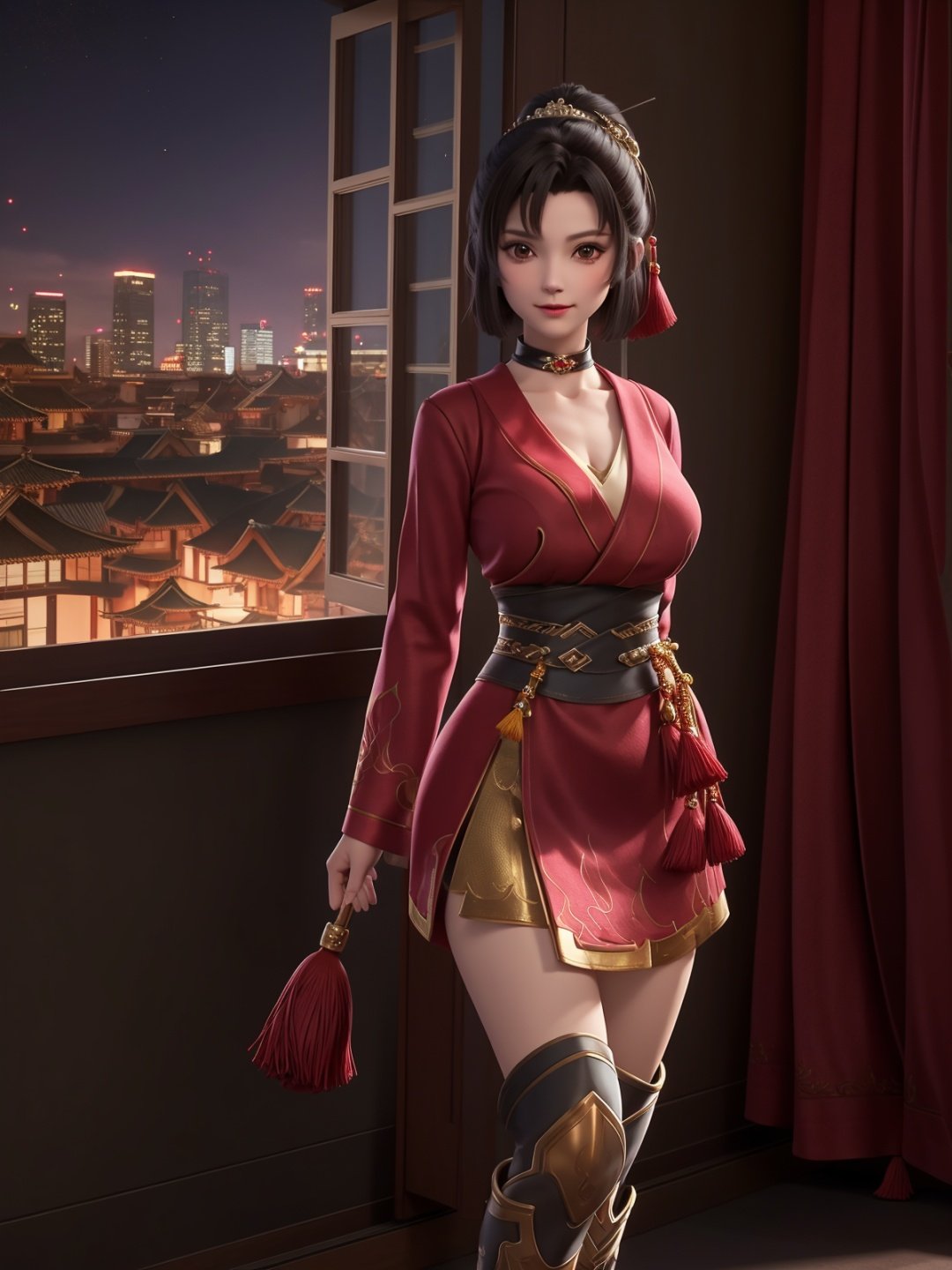 mature female,arms behind back,cityscape,night,facial mark,close-up,indoors,window,1girl,blush,looking at viewer,standing,hair ornament,short hair,boots,tassel,obi,ponytail, choker,long sleeves,  <lora:云缨508V3:0.75>