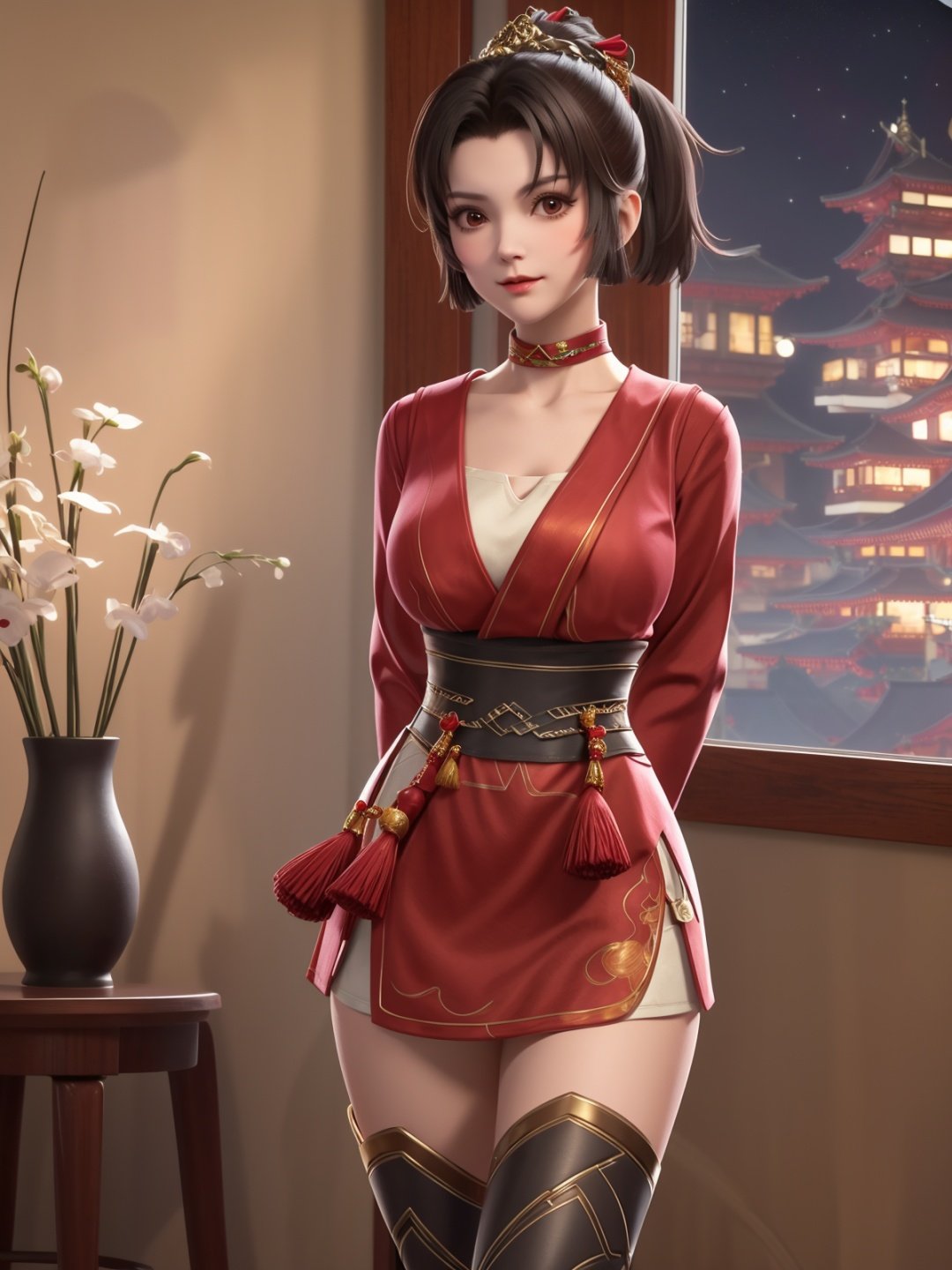 mature female,arms behind back,cityscape,night,facial mark,close-up,indoors,window,1girl,blush,looking at viewer,standing,hair ornament,short hair,boots,tassel,obi,ponytail, choker,long sleeves,  <lora:云缨508V3:0.75>