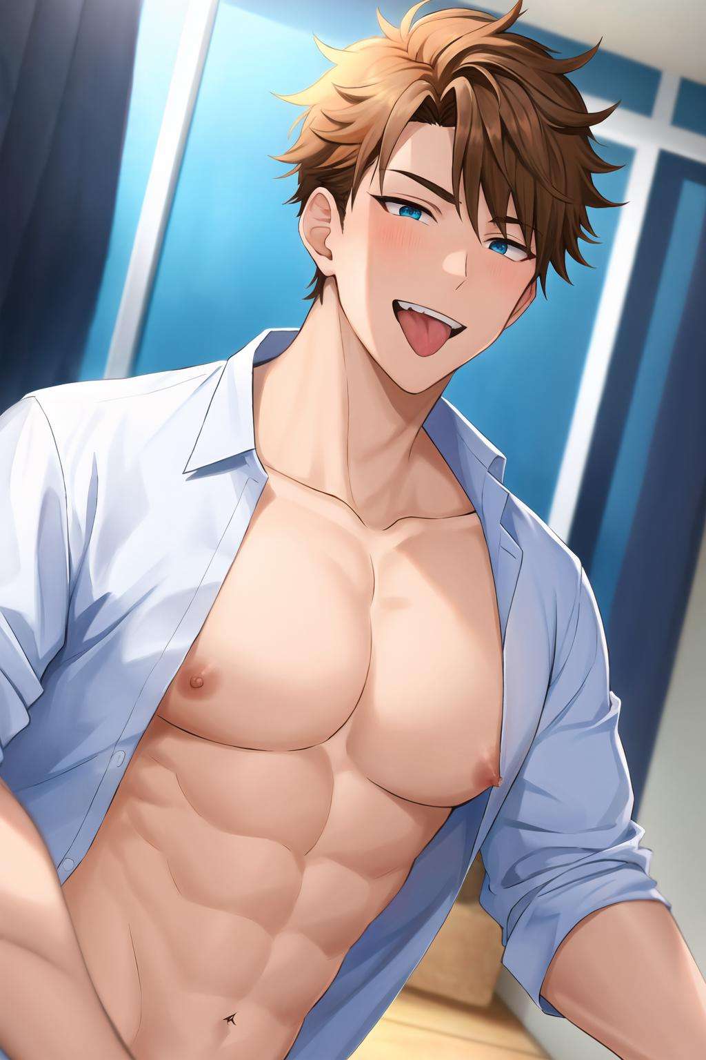 best quality, masterpiece, highres, 1boy, male focus, solo, open shirt, nipples, handsome, looking at viewer, open mouth, teeth, tongue out
