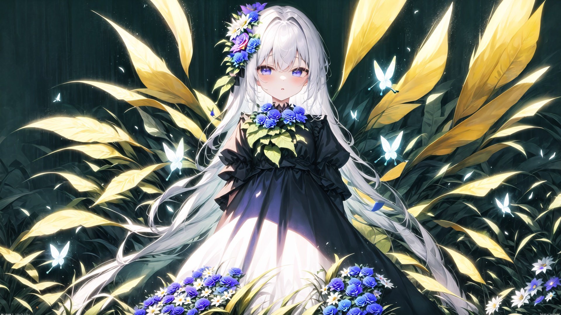 (masterpiece:1,2), best quality, 1girl, flower background,dark background, flowersolo, bug, blue eyes, butterfly, dress, holding flower, looking at viewer, white hair, black dress, long hair, holding, yellow flower, bangs, parted lips, puffy sleeves, long sleeves, white flower, blue butterfly, purple flower, flower field, tulip, standing, daisy, cowboy shot <lora:Mystic Midnight Garden Flower Background:1> <lora:style_GZC:1>