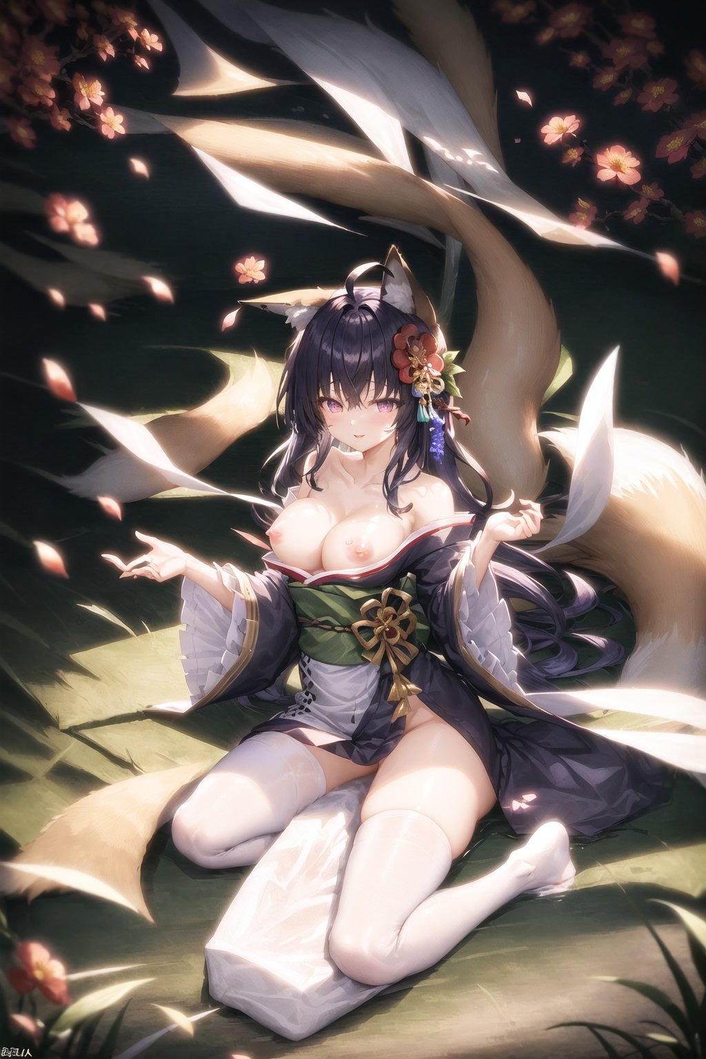 (masterpiece:1,2), best quality, 1girl, flower background, dark background, flower, outdoors, breasts, solo, nipples, japanese clothes, large breasts, kimono, thighhighs, animal ears, long hair, looking at viewer, tail, hood, wide sleeves, petals, smile, sitting, white thighhighs, sash, purple eyes, blush, collarbone, obi, long sleeves, no panties, open clothes, off shoulder, fox ears, bangs, wariza, fox tail, cherry blossoms, ahoge, string of fate, bare shoulders, no bra, hair ornament, white kimono, parted lips, tatami, sidelocks, fox girl, breasts out, hood up, cleavage, flower, hand up <lora:Mystic Midnight Garden Flower Background:0.5>