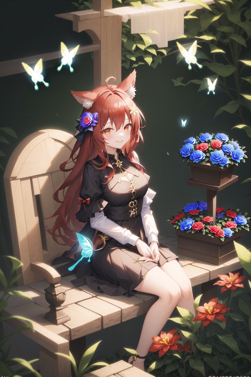 (masterpiece:1,2), best quality, 1girl,  flower background, dark background, animal ears, red hair, glowing, butterfly, sitting stone, flower, smile, garden, cowboy shot,  <lora:Mystic Midnight Garden Flower Background:0.5>