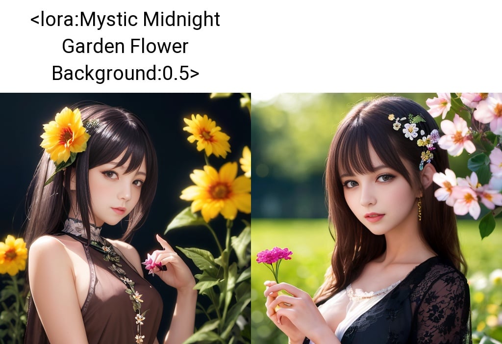 (masterpiece:1,2), best quality, 1girl, flower background, (dark background:1.3), flower, outdoors,  <lora:Mystic Midnight Garden Flower Background:0.5>, hand of Guido Daniele