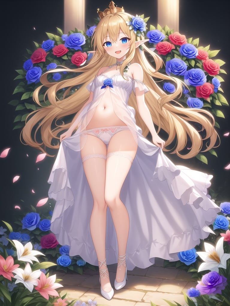 (masterpiece:1,2), best quality, 1girl, flower background, dark background, flower, garden, solo, pointy ears, blonde hair, long hair, flower, navel, hair ornament, high heels, full body, looking at viewer, blue eyes, bare shoulders, see-through, white footwear, dress, panties, underwear, hair flower, white panties, bangs, standing, white dress, elf, smile, crown, blush, pink flower, breasts, blue flower, small breasts, white flower, open mouth, stomach, revealing clothes <lora:Mystic Midnight Garden Flower Background:0.5>