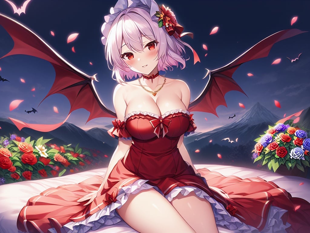 (masterpiece:1,2), best quality, 1girl, flower background, dark background, flower, garden, mountain, breasts, solo, wings, sitting, red eyes, looking at viewer, ribbon, hair ribbon, cleavage, dress, red dress, remilia scarlet, red ribbon, short hair, white hair, thighs, jewelry, bangs, bare shoulders, blush, medium breasts, bat wings, collarbone, frills, on bed, hair between eyes, necklace, aged up, parted lips, frilled dress, alternate breast size, smile, choker, bow, red bow, large breasts <lora:Mystic Midnight Garden Flower Background:0.5>