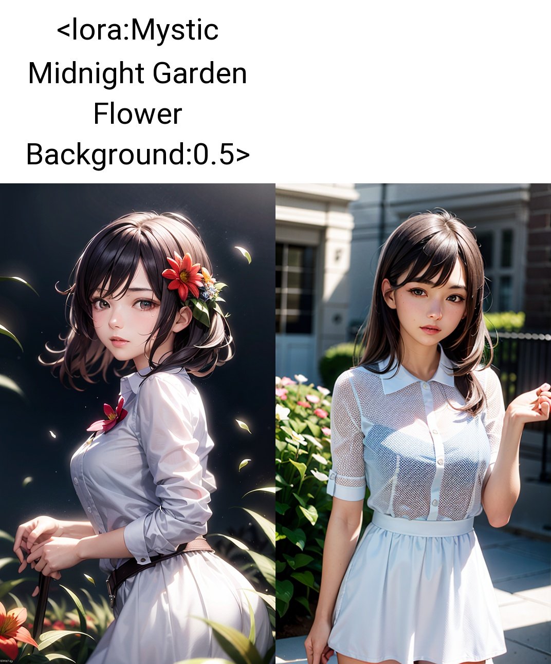 (masterpiece:1,2), best quality, 1girl, flower background, (dark background), flower, outdoors, realistic, white shirt, face, cowboy shot,  <lora:Mystic Midnight Garden Flower Background:0.5>