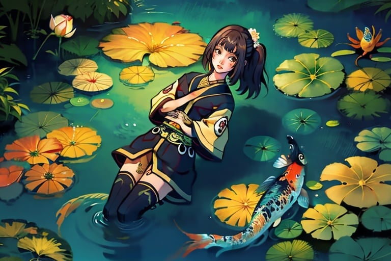 Bestquality,masterpiece,1girl,koifish,solo,fish,koi,japaneseclothes,flower,goldfish,lilypad,Closeeyes,<lora:wswx-000014:1>